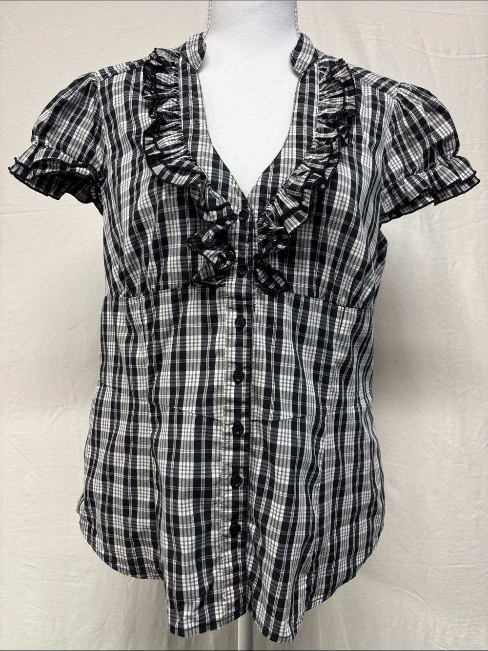 Smart Set Black & White Plaid Ruffle Button-Front Blouse